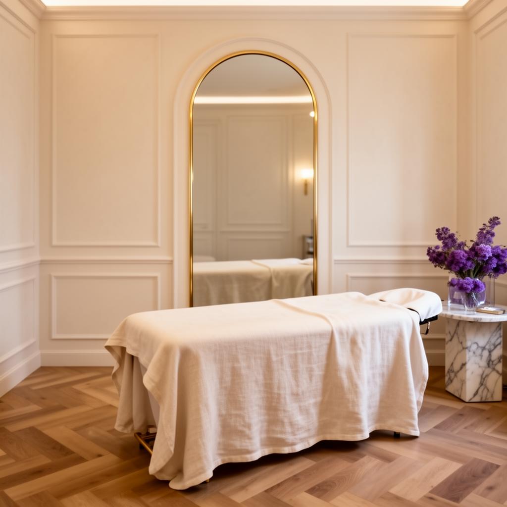 HHM Clinics interior — soft cream walls, arched mirror, treatment bed